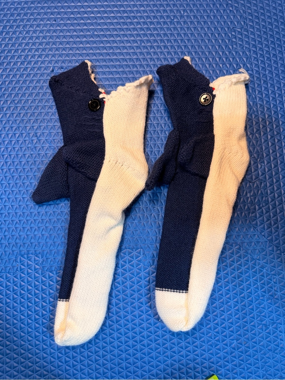 HANDKNIT Two-Tone Navy and Cream SHARK Socks!